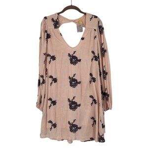 FREE PEOPLE Pink Gray Emma Floral Embroidered Boho Mini Swing Dress Size Small